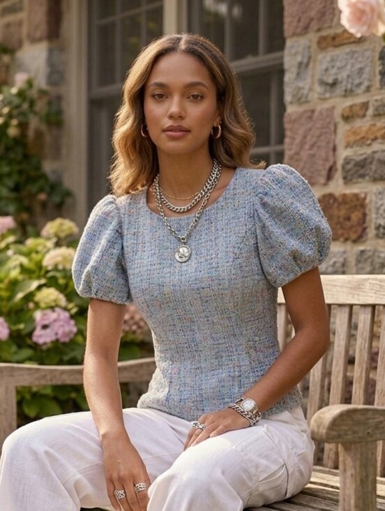 Ivy City Co Tops - Ivy City Co. Tweed Multicolor Puff Sleeve Blouse Textured Short Sleeve Top XS